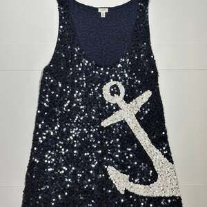 J. Crew Women’s Navy Blue All-Over Sequin Anchor Nautical Tank Top Size Small